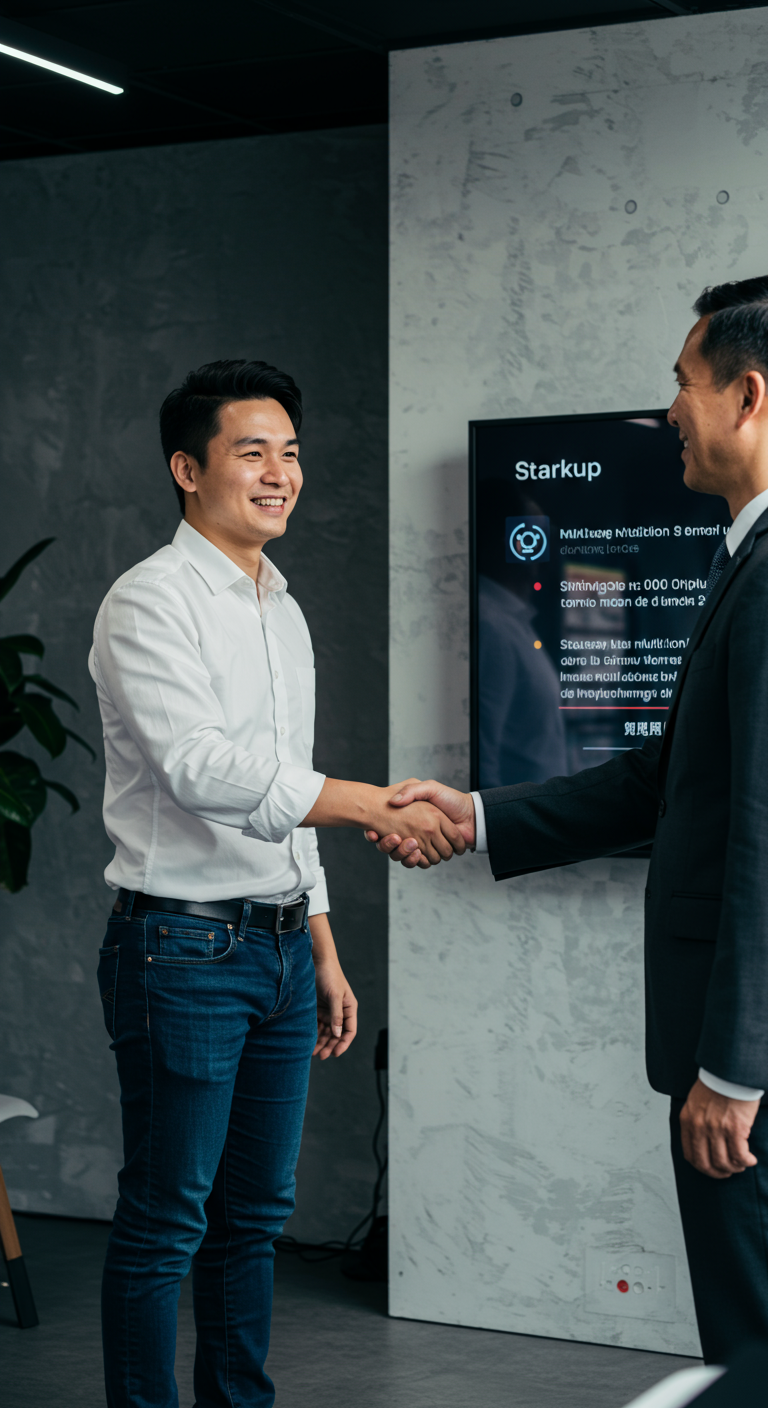 Founder and investor shaking hands after a successful investment deal in 2026.