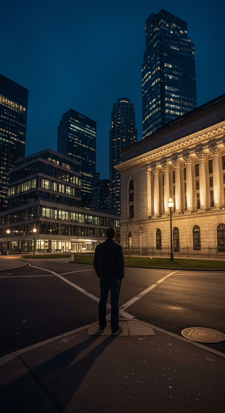 Founder at a crossroads, choosing between a private office and a public stock exchange.