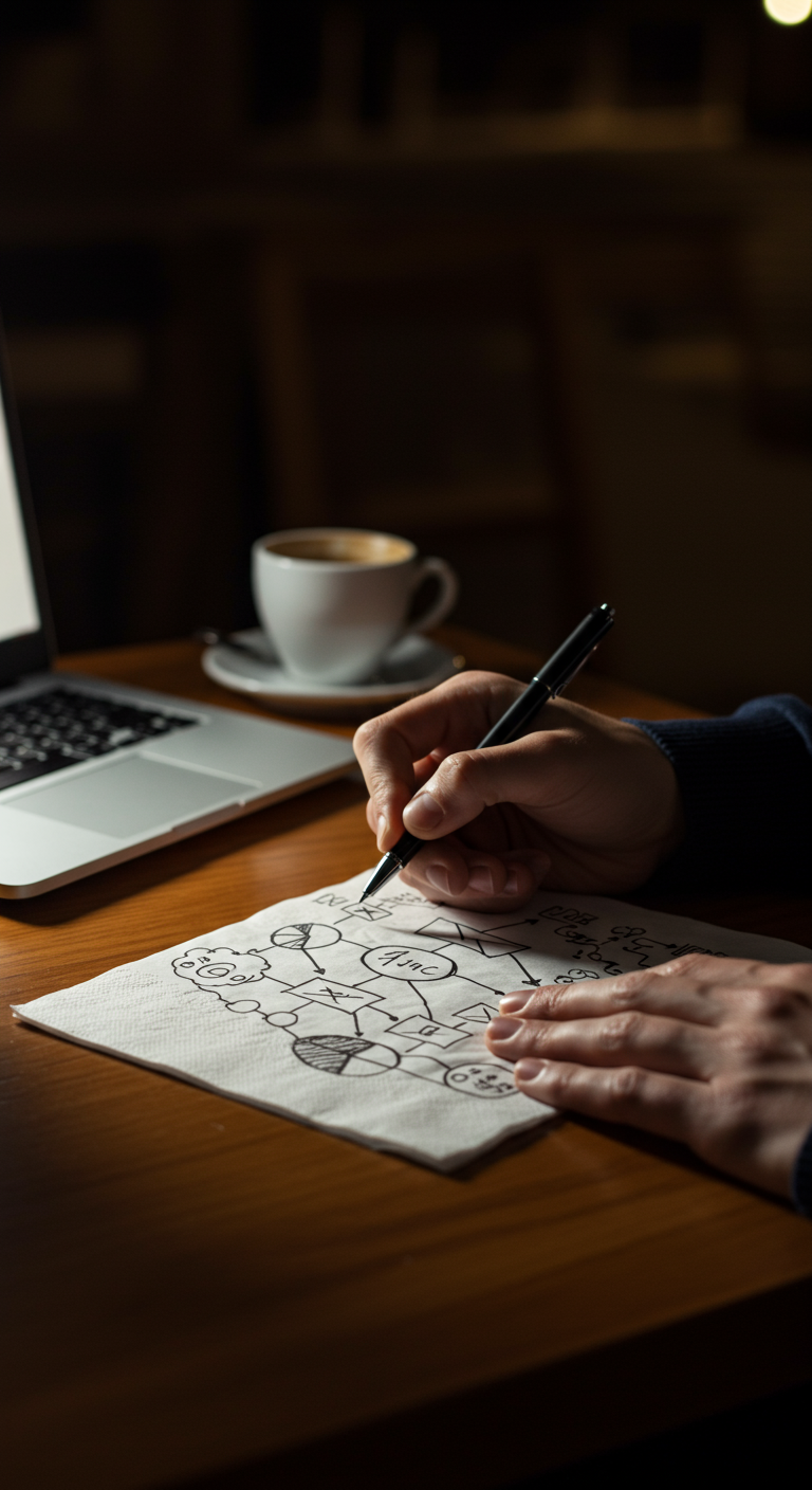 A founder sketching a business plan on a napkin next to a coffee cup.