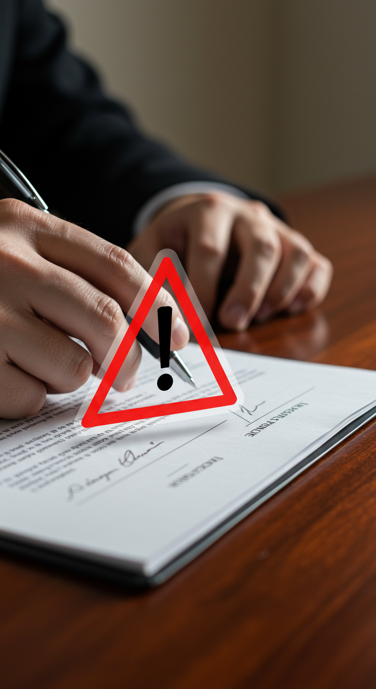 Hand pausing before signing a contract that has a red warning symbol on it.