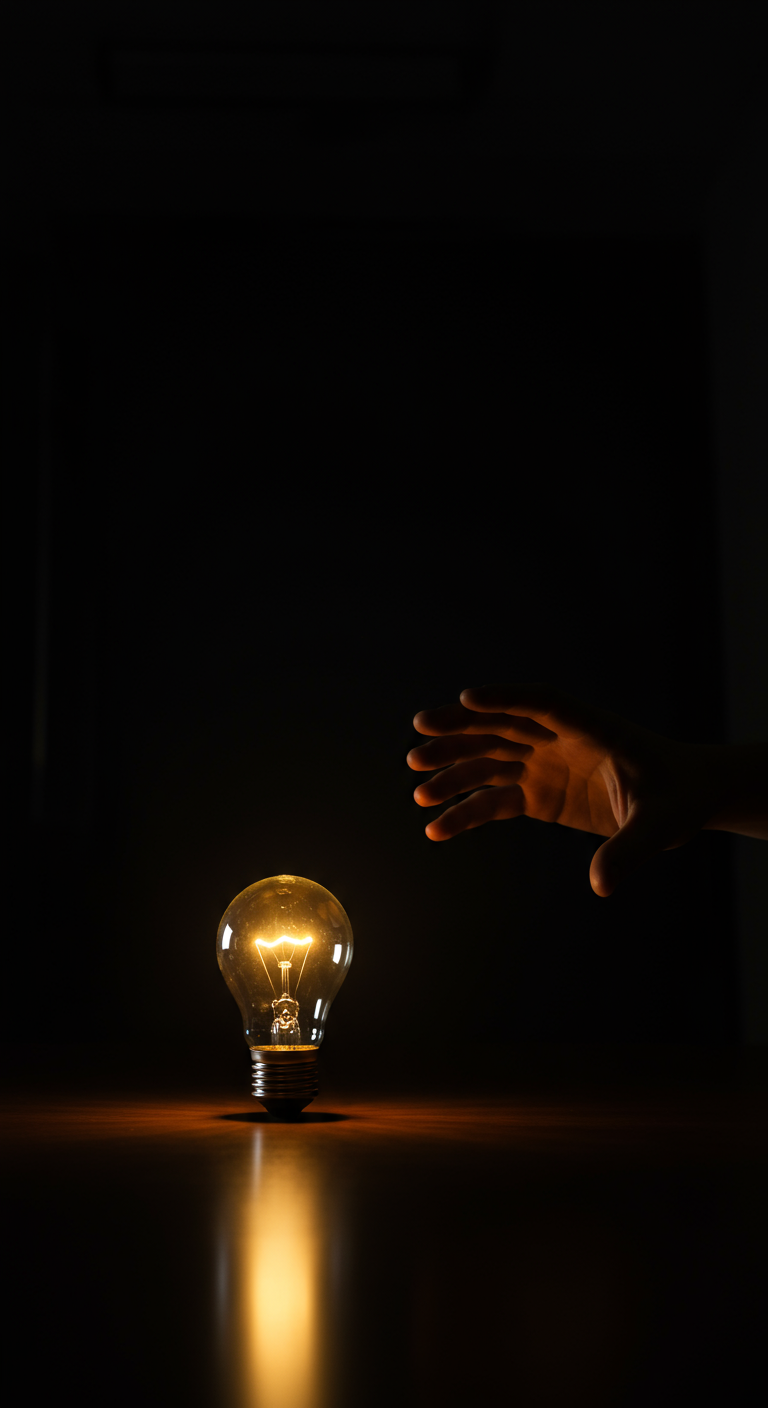 A hand reaching for a glowing lightbulb, symbolizing the birth of a business idea.